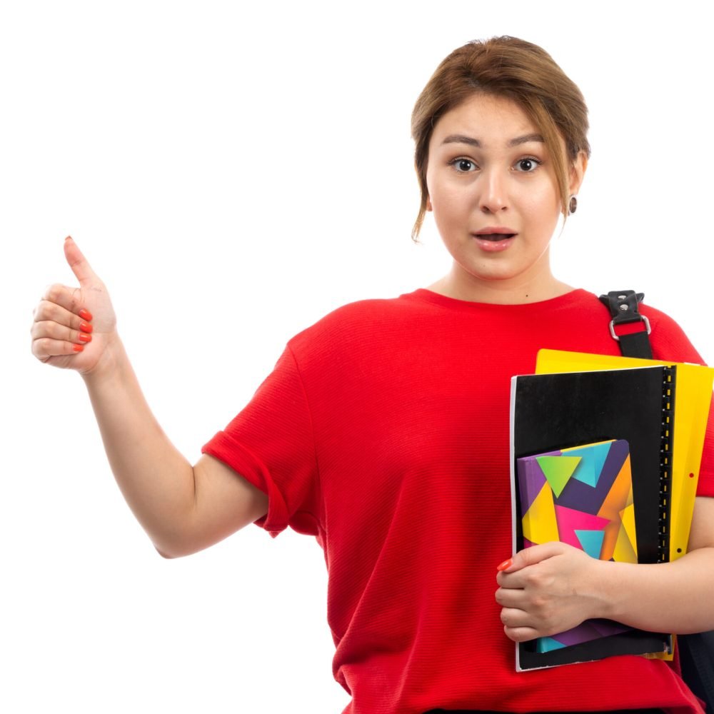 front-view-young-beautiful-lady-red-t-shirt-black-jeans-holding-different-copybooks-files-with-bag-white front-view-young-beautiful-lady-red-t-shirt-black-jeans-holding-different-copybooks-files-with-bag-white